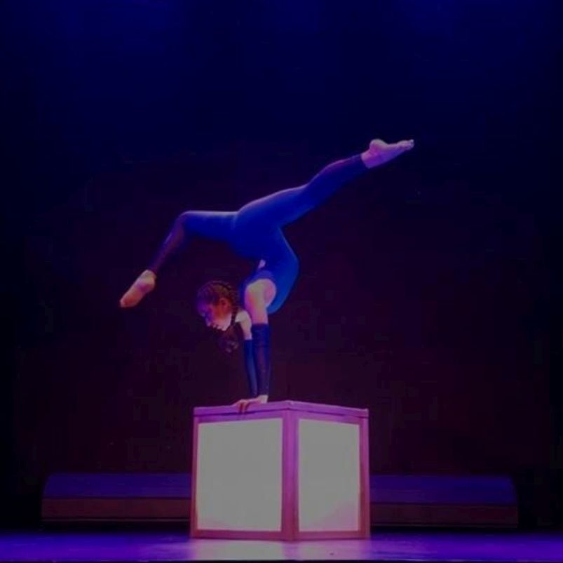 Performance photo. A performer in a blue unitard, poised on a pink block, in a split legged handstand.